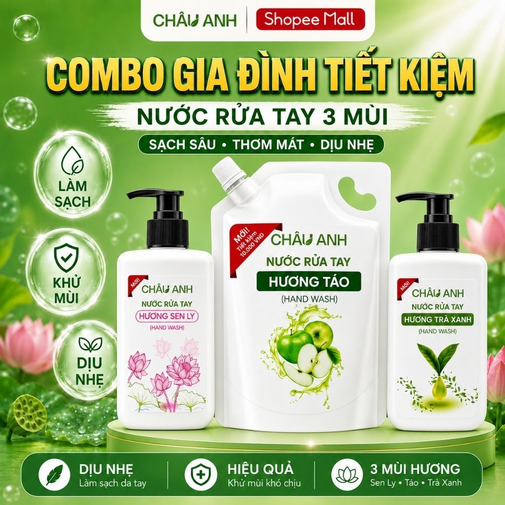 Combo 3 Nước Rửa Tay Gia Đình, Gel Làm Sạch Da Tay Sạch Khuẩn, Dùng Cho Nhà Hàng Quán Ăn Chai Pump 300gr Và Túi 500gr