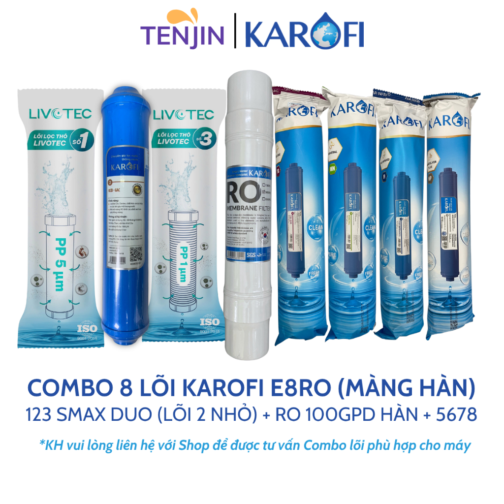 Combo 8 Lõi Lọc Nước Karofi Gồm Lõi 123 Livotec (Lõi 2 Nhỏ) - Màng RO - Lõi Chức Năng T33 Mineral Far Nano Model E8RO