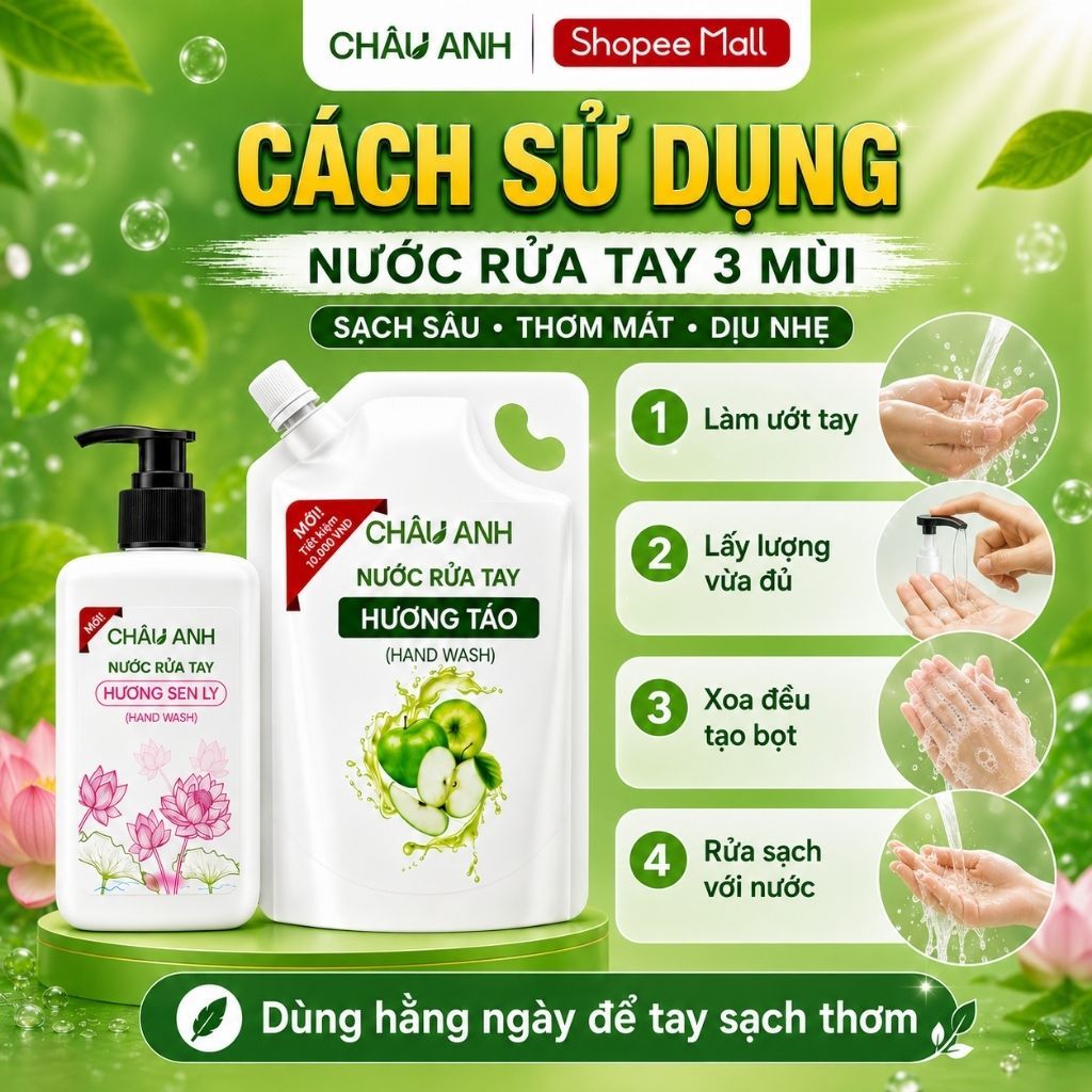 Combo 3 Nước Rửa Tay Gia Đình, Gel Làm Sạch Da Tay Sạch Khuẩn, Dùng Cho Nhà Hàng Quán Ăn Chai Pump 300gr Và Túi 500gr