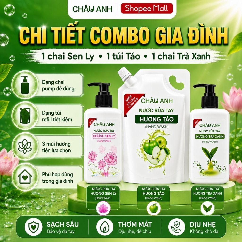 Combo 3 Nước Rửa Tay Gia Đình, Gel Làm Sạch Da Tay Sạch Khuẩn, Dùng Cho Nhà Hàng Quán Ăn Chai Pump 300gr Và Túi 500gr