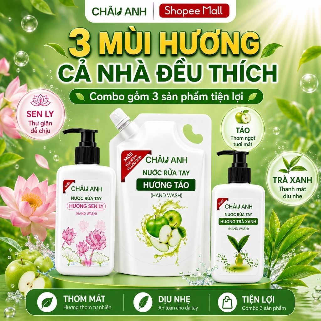 Combo 3 Nước Rửa Tay Gia Đình, Gel Làm Sạch Da Tay Sạch Khuẩn, Dùng Cho Nhà Hàng Quán Ăn Chai Pump 300gr Và Túi 500gr