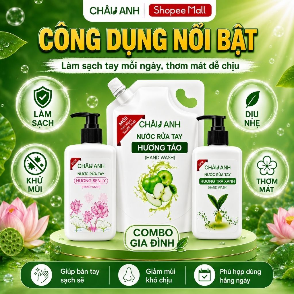 Combo 3 Nước Rửa Tay Gia Đình, Gel Làm Sạch Da Tay Sạch Khuẩn, Dùng Cho Nhà Hàng Quán Ăn Chai Pump 300gr Và Túi 500gr