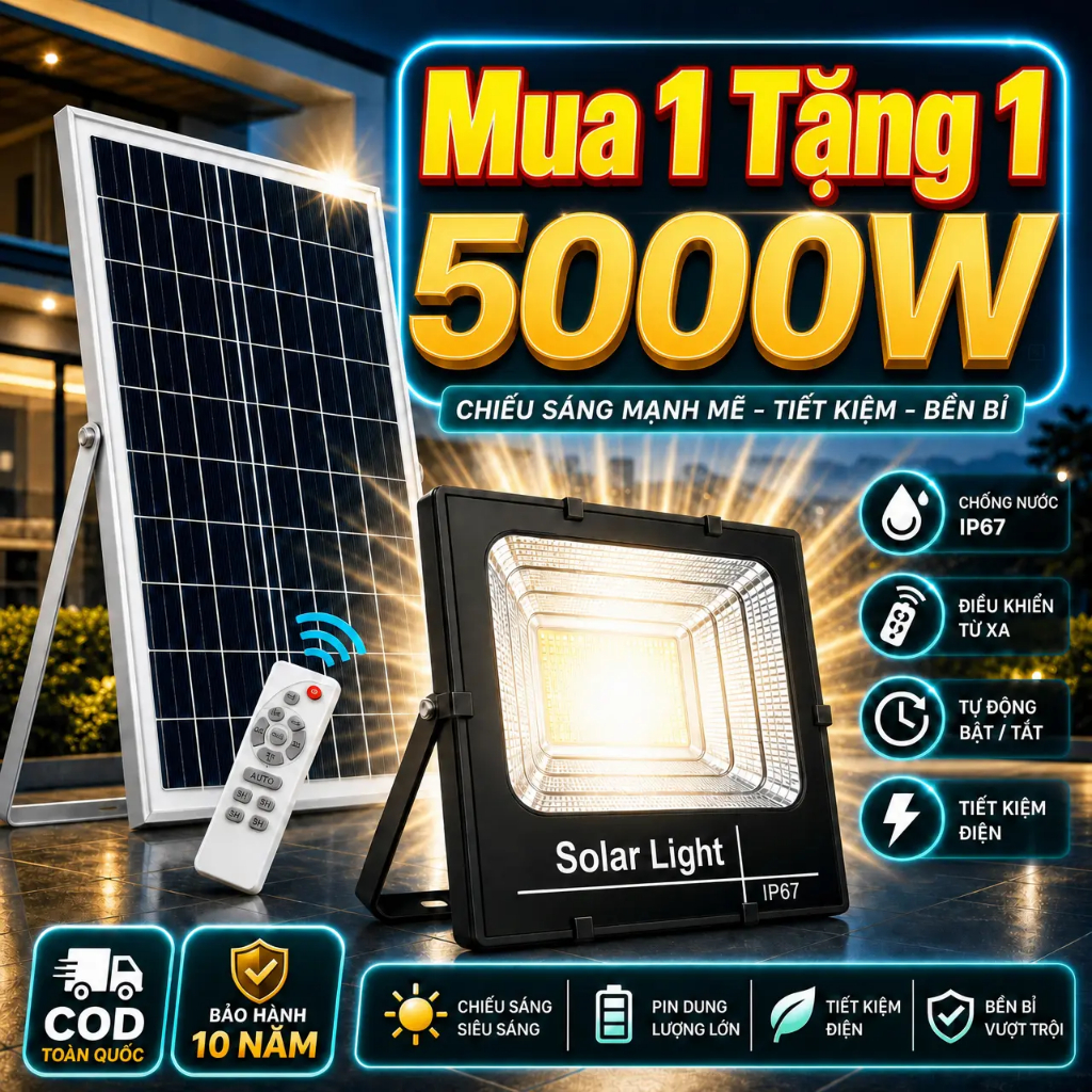 Mua 1 Tặng 1 Đèn năng lượng mặt trời chiếu sáng đường phố lắp ngoài trời chống nước IP67 kèm điều khiển từ xa