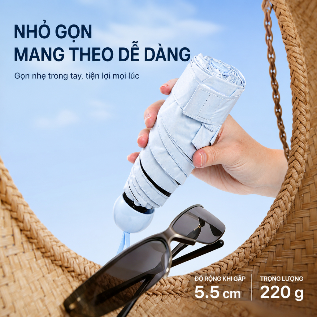 [DEAL MỞ BÁN] Ô Dù Mini Gấp Gọn Che Mưa Đi Nắng Chống Tia UV UPF 50+ Chống Thấm, Siêu Nhẹ, Tiện Lợi