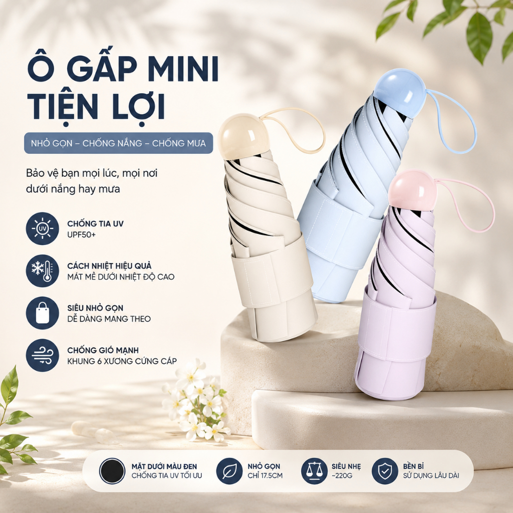 [DEAL MỞ BÁN] Ô Dù Mini Gấp Gọn Che Mưa Đi Nắng Chống Tia UV UPF 50+ Chống Thấm, Siêu Nhẹ, Tiện Lợi