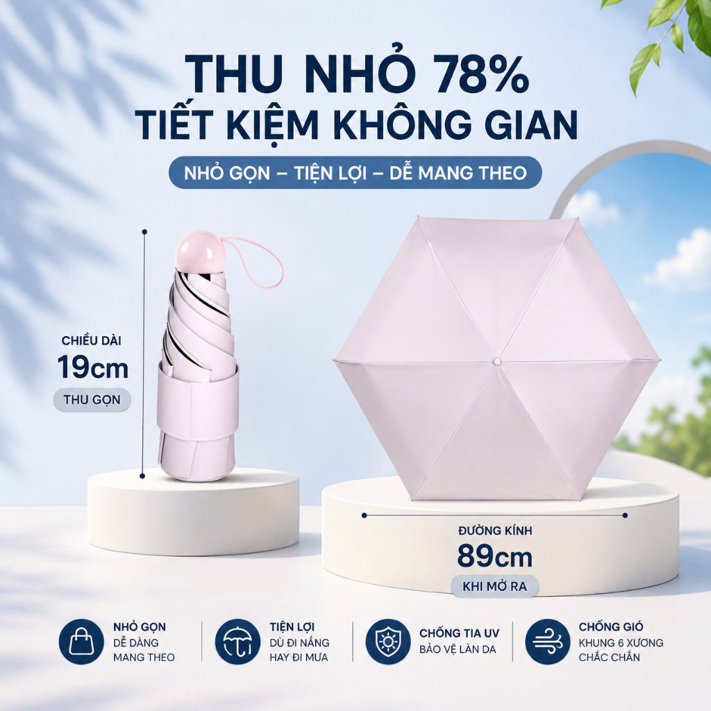 [DEAL MỞ BÁN] Ô Dù Mini Gấp Gọn Che Mưa Đi Nắng Chống Tia UV UPF 50+ Chống Thấm, Siêu Nhẹ, Tiện Lợi
