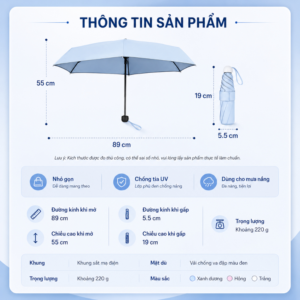 [DEAL MỞ BÁN] Ô Dù Mini Gấp Gọn Che Mưa Đi Nắng Chống Tia UV UPF 50+ Chống Thấm, Siêu Nhẹ, Tiện Lợi