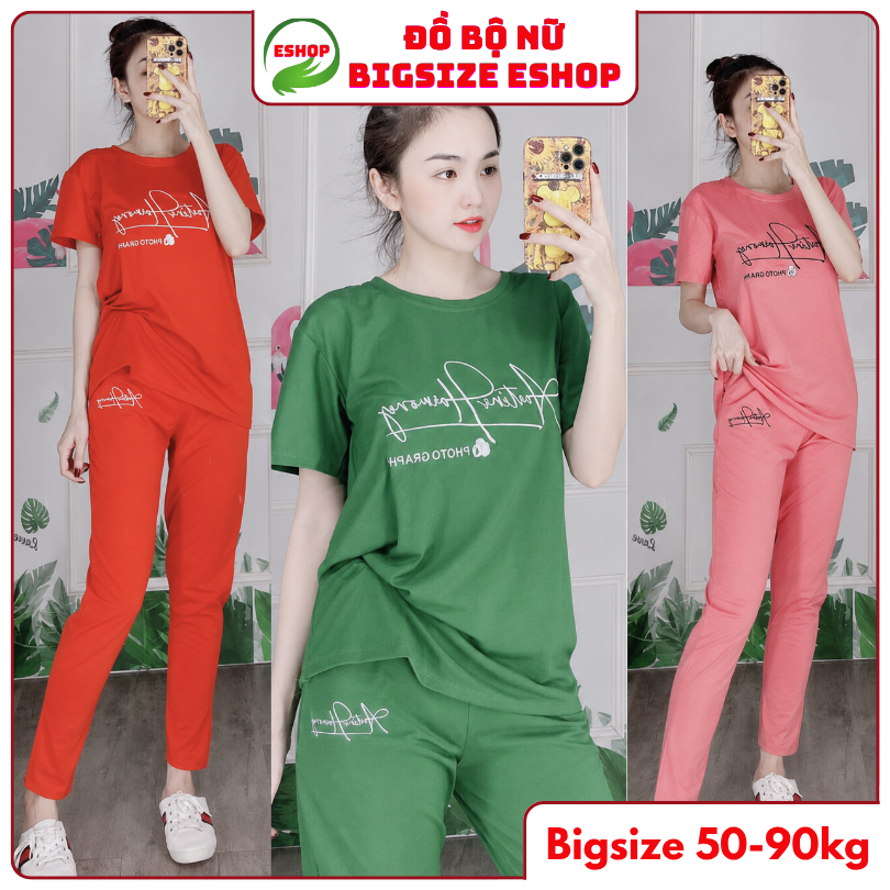 Đồ Bộ Nữ Mặc Nhà ESHOP Bigsize 43-85kg Thun Cotton Co Giãn, Áo Tay Ngắn Quần Dài Có Túi Năng Động