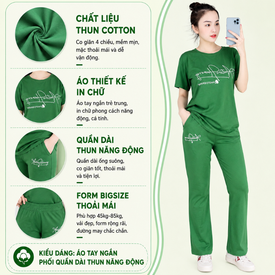 Đồ Bộ Nữ Mặc Nhà ESHOP Bigsize 43-85kg Thun Cotton Co Giãn, Áo Tay Ngắn Quần Dài Có Túi Năng Động