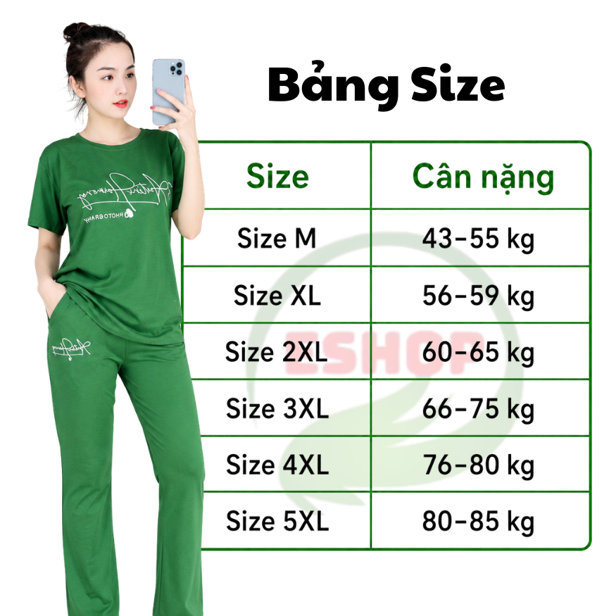 Đồ Bộ Nữ Mặc Nhà ESHOP Bigsize 43-85kg Thun Cotton Co Giãn, Áo Tay Ngắn Quần Dài Có Túi Năng Động