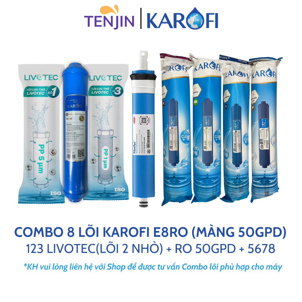 Combo 8 Lõi Lọc Nước Karofi Gồm Lõi 123 Livotec (Lõi 2 Nhỏ) - Màng RO - Lõi Chức Năng T33 Mineral Far Nano Model E8RO