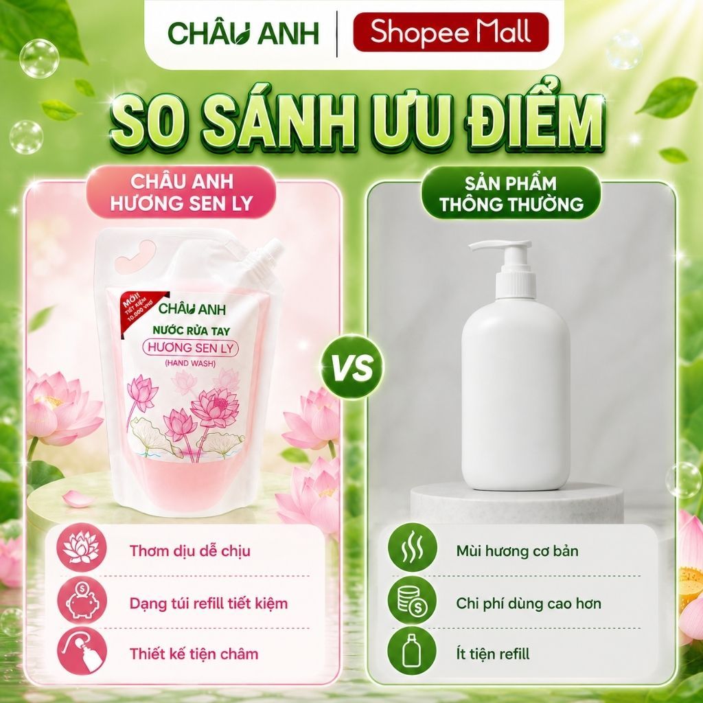Nước Rửa Tay CHÂU ANH Hương Sen Ly, Gel Làm Sạch Da Tay, Khử Khuẩn Dưỡng Ẩm Dùng Cho Nhà Hàng Quán Ăn Túi 500g Tiết Kiệm