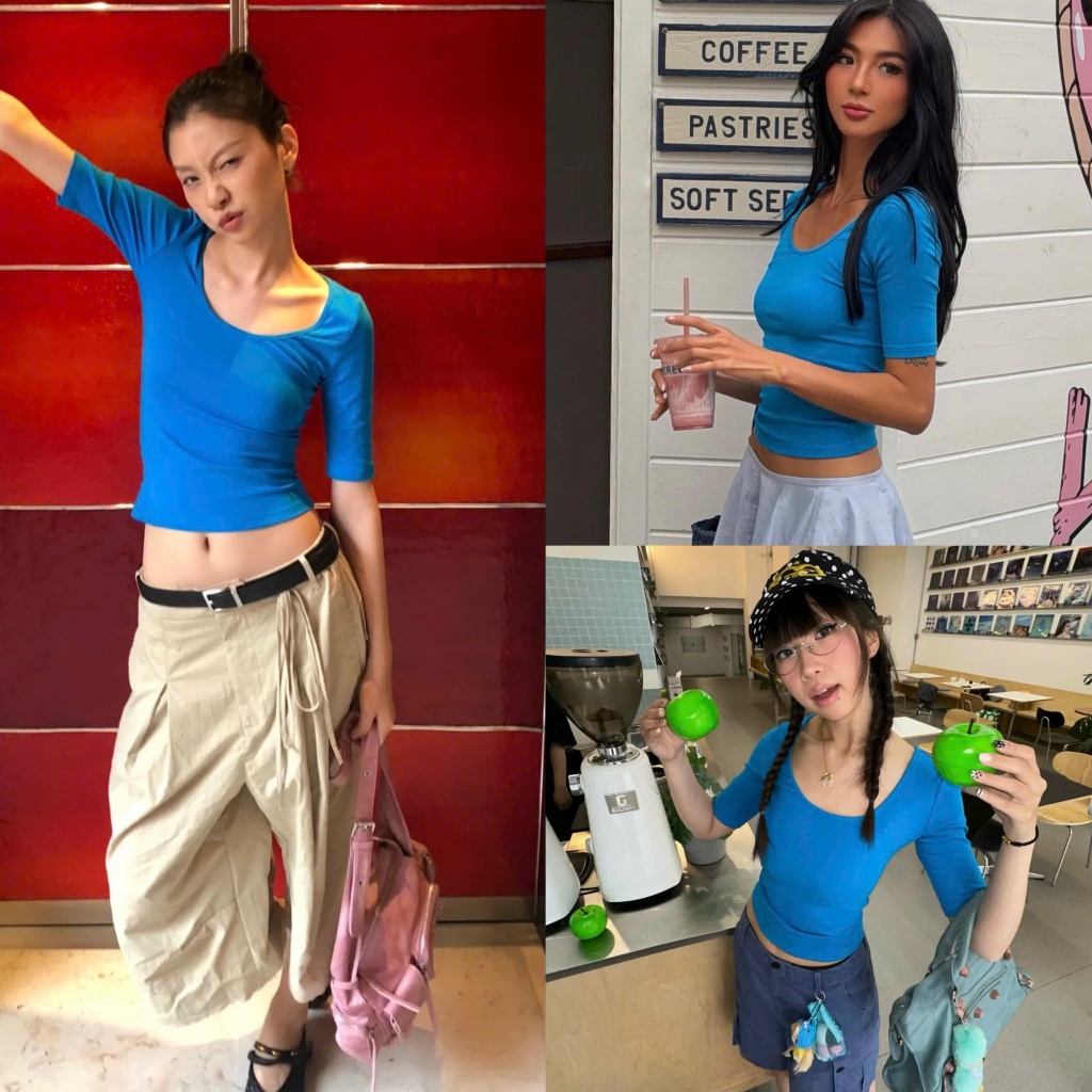 Áo thun tay lỡ cổ rộng màu xanh coban trơn dáng ôm vừa chất cotton co giãn ATNT037 - Tiktik