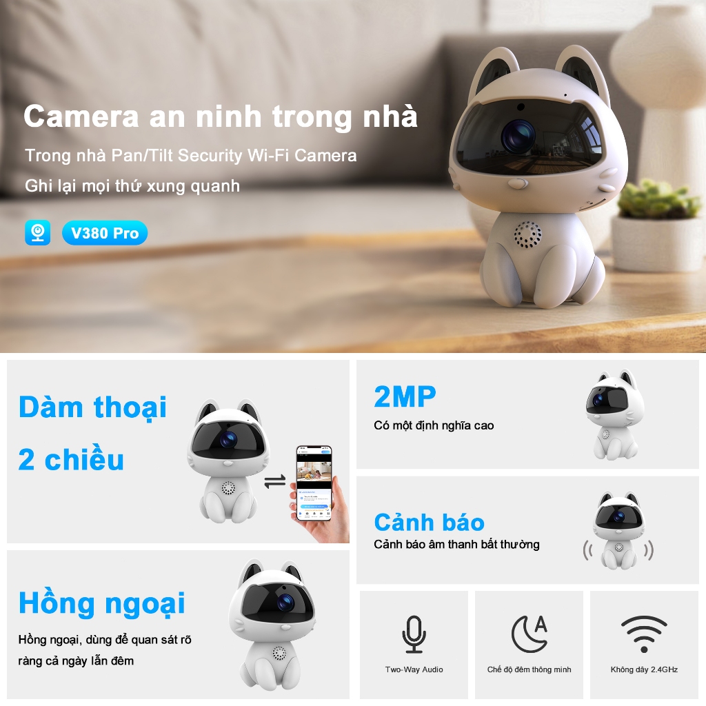 Camera Giám Sát WiFi Mini Hình Mèo Cho Gia Đình Camera Trong Nhà Kết Nối Điện Thoại Đàm Thoại