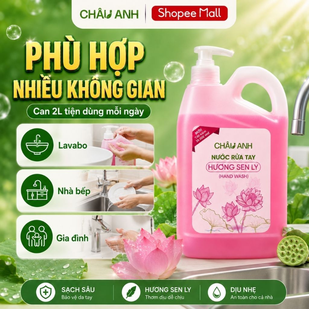 Nước Rửa Tay CHÂU ANH Hương Sen Ly, Gel Làm Sạch Da Tay An Toàn, Khử Mùi Tốt Dùng Cho Nhà Hàng Quán Ăn Can 2L