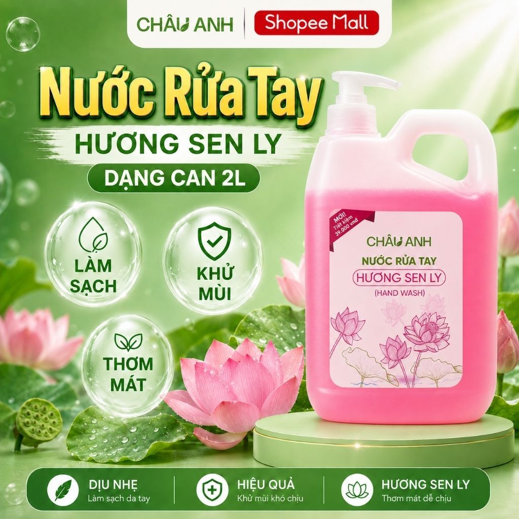 Nước Rửa Tay CHÂU ANH Hương Sen Ly, Gel Làm Sạch Da Tay An Toàn, Khử Mùi Tốt Dùng Cho Nhà Hàng Quán Ăn Can 2L