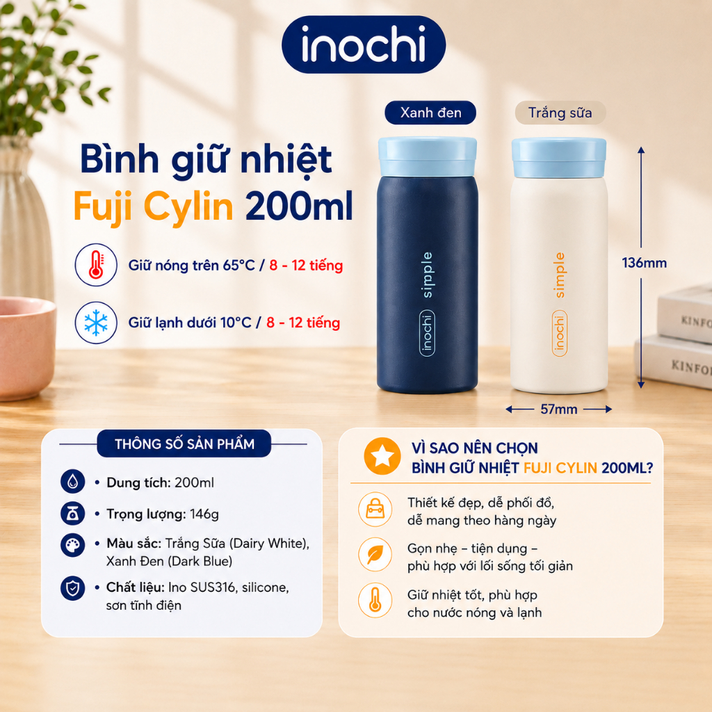 Bình giữ nhiệt Inochi Fuji Cylin 200ml - inox 316 mini nhỏ gọn giữ nóng lạnh 6-12h chống tràn | BigBuy360 - bigbuy360.vn