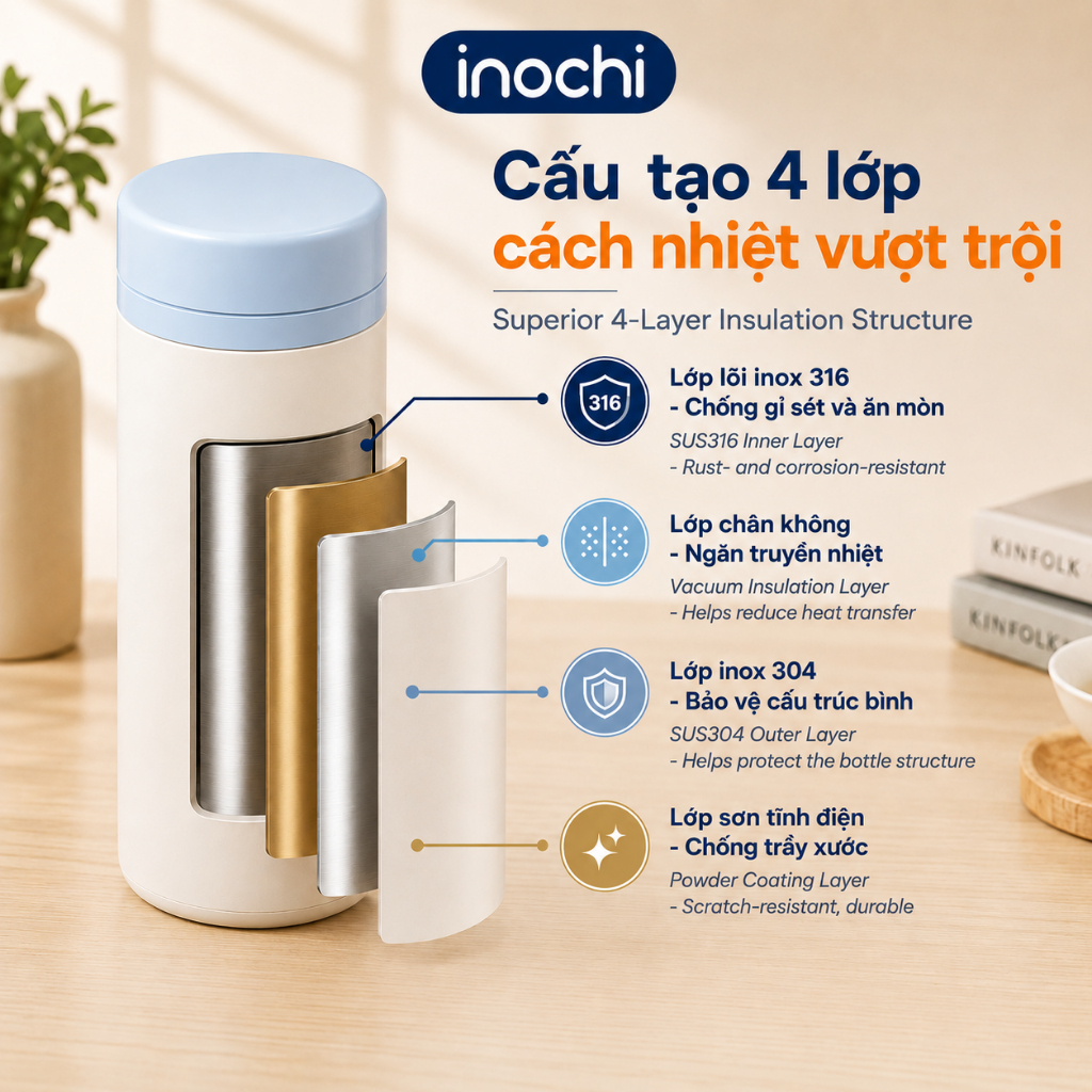 Bình giữ nhiệt Inochi Fuji Cylin 200ml - inox 316 mini nhỏ gọn giữ nóng lạnh 6-12h chống tràn | BigBuy360 - bigbuy360.vn