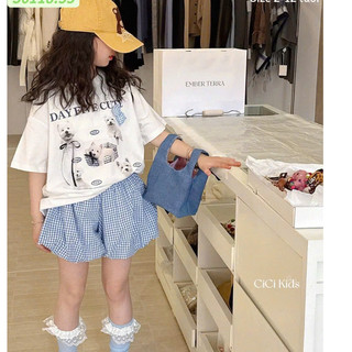 SET QUẦN BÍ KẺ XANH PHỐI ÁO THUN CÚN ĐÍNH NƠ CHO BÉ GÁI | AnhMy Baby