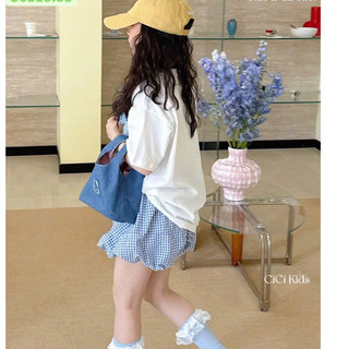 SET QUẦN BÍ KẺ XANH PHỐI ÁO THUN CÚN ĐÍNH NƠ CHO BÉ GÁI | AnhMy Baby