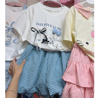 SET QUẦN BÍ KẺ XANH PHỐI ÁO THUN CÚN ĐÍNH NƠ CHO BÉ GÁI | AnhMy Baby