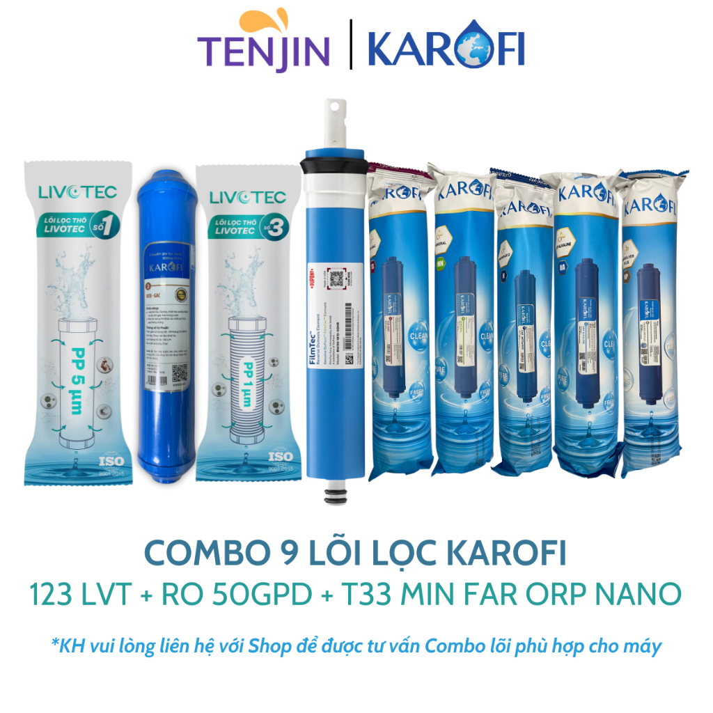Combo 9 Lõi Lọc Nước Karofi Gồm Lõi 123 Livotec (Lõi 2 Nhỏ) - Màng RO - Lõi Chức Năng T33 Mineral Far ORP Nano
