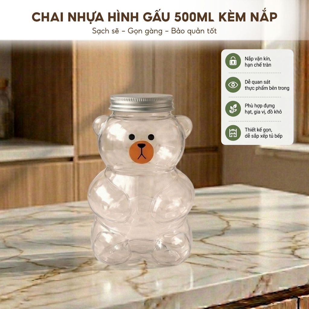 Chai Nhựa PET Hình Gấu 500ml Nắp Nhôm Vặn Kín – Chai Đựng Trà Sữa, Nước Ép, Mật Ong, Bánh Kẹo Siêu Cute