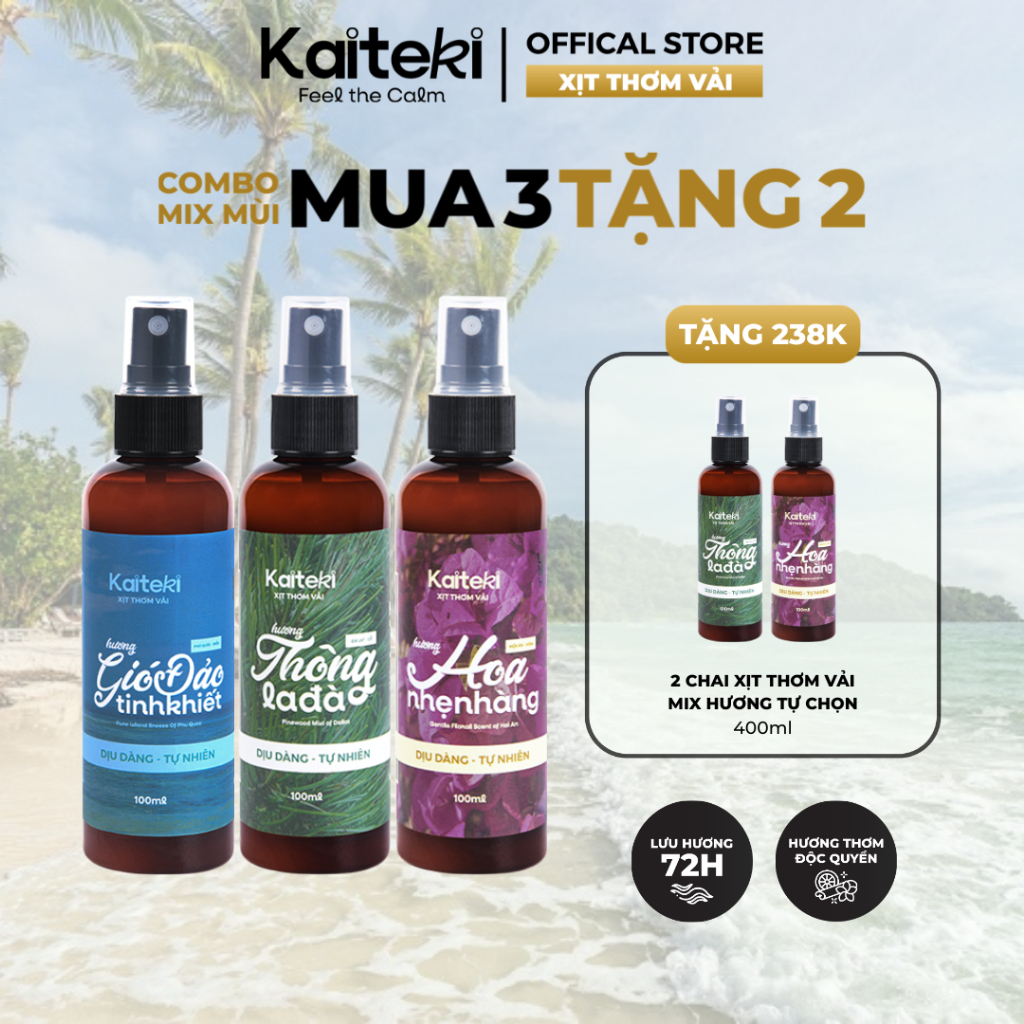 Xịt Thơm Quần Áo Kaiteki 100ml, Hương Nước Hoa Cho Quần Áo, Thơm Lâu 72H, Khử Mùi Vải, Chai Xịt Thơm Cao Cấp Mua 3Tặng 2