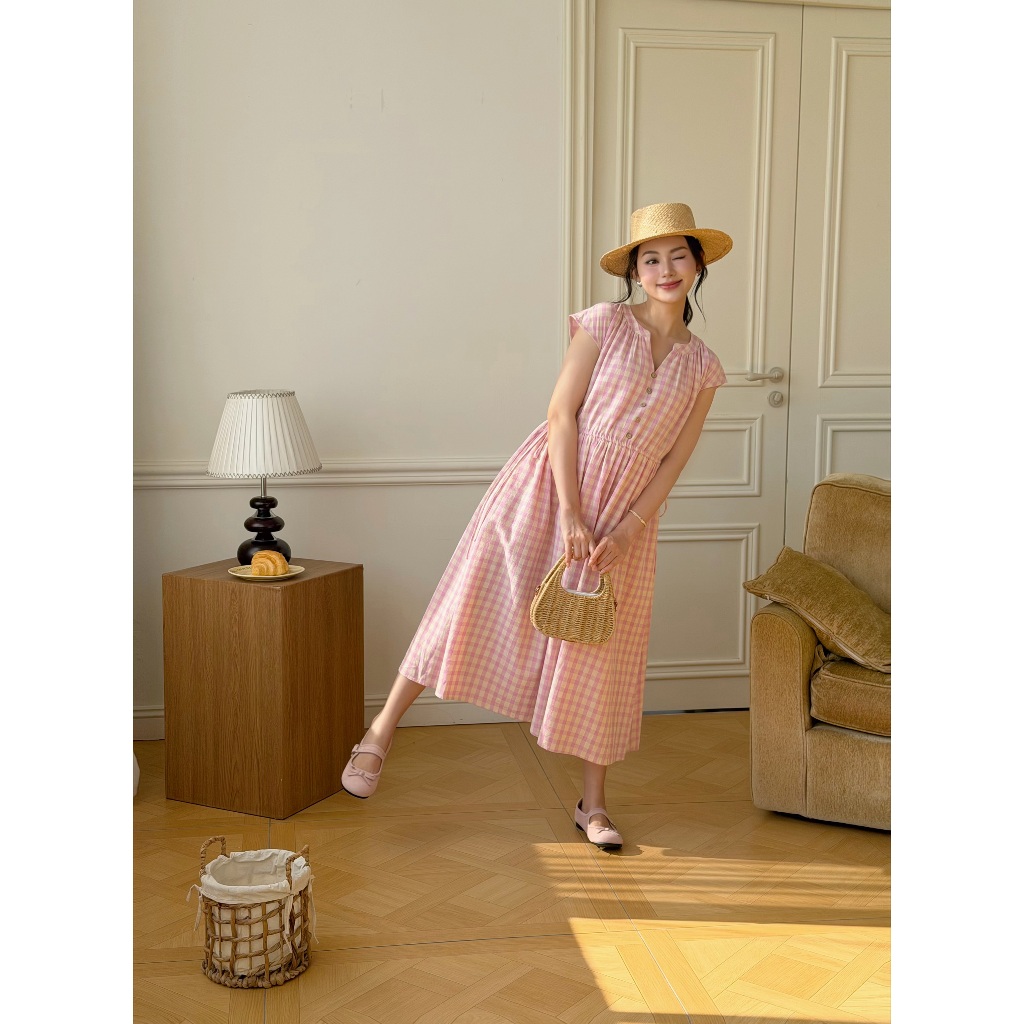 Váy Bầu Karo Dress L'amme - Chất Thô Kẻ Họa Tiết Caro Trẻ Trung, Dáng Suông Rộng Che Bụng Hiệu Quả