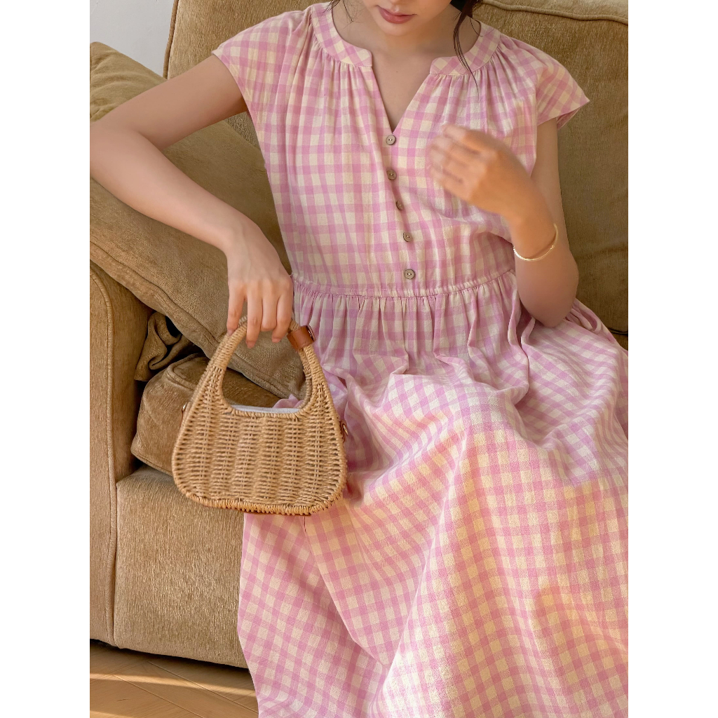Váy Bầu Karo Dress L'amme - Chất Thô Kẻ Họa Tiết Caro Trẻ Trung, Dáng Suông Rộng Che Bụng Hiệu Quả