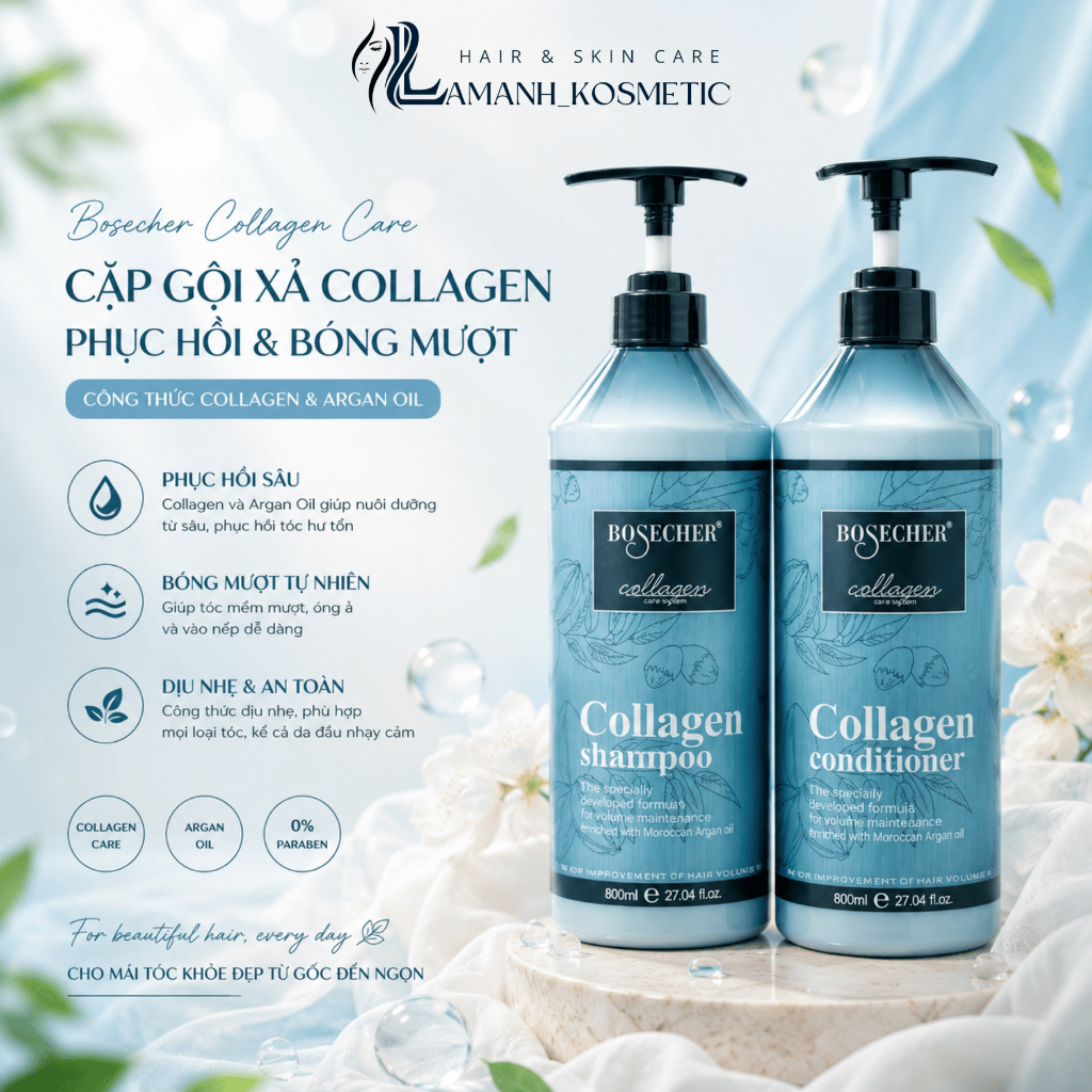 Cặp Dầu Gội Xả Bosecher Collagen 800ml | Hỗ Trợ Sạch Gàu Dầu, Dưỡng Tóc Mềm Mượt.