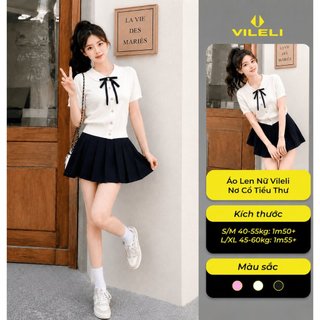 Áo Len Nữ Vileli Nơ Cổ Tiểu Thư Cúc Tim Kim Loại Tay Ngắn Dệt Kim Thanh Lịch VL2606