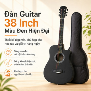 Đàn Guitar Acoustic 38 Inch Dáng Khuyết Màu Đen Cho Người Mới Tập Chơi, Kèm Túi Đựng Đàn, Đóng Gói Chống Sốc