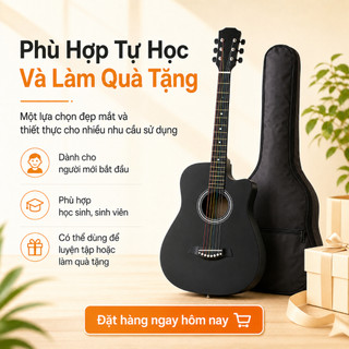 Đàn Guitar Acoustic 38 Inch Dáng Khuyết Màu Đen Cho Người Mới Tập Chơi, Kèm Túi Đựng Đàn, Đóng Gói Chống Sốc