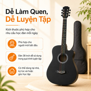 Đàn Guitar Acoustic 38 Inch Dáng Khuyết Màu Đen Cho Người Mới Tập Chơi, Kèm Túi Đựng Đàn, Đóng Gói Chống Sốc