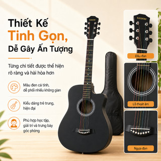 Đàn Guitar Acoustic 38 Inch Dáng Khuyết Màu Đen Cho Người Mới Tập Chơi, Kèm Túi Đựng Đàn, Đóng Gói Chống Sốc