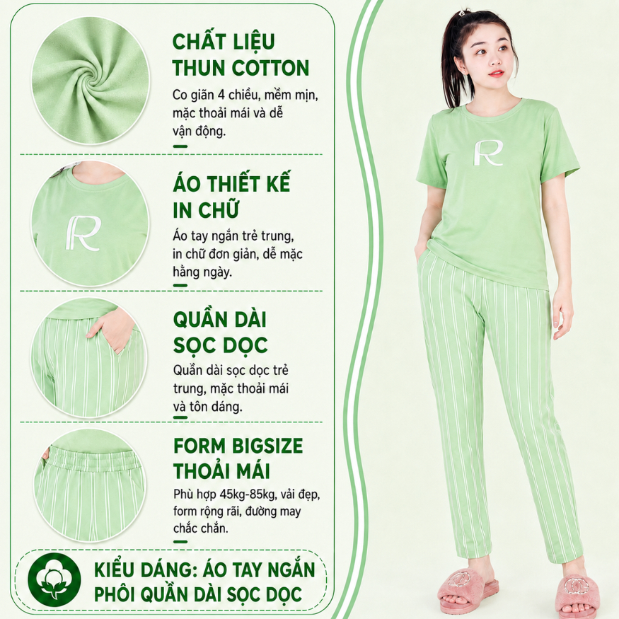 Đồ Bộ Nữ Mặc Nhà Chất Thun Cotton Co Giãn, Áo Tay Ngắn Quần Dài Có Túi Tiện Lợi ESHOP Bigsize