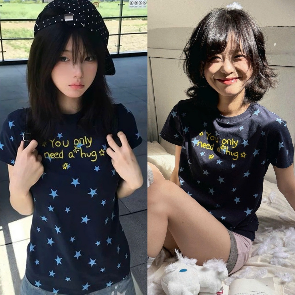 Áo thun baby tee màu xanh than hoạ tiết ngôi sao need a hug cute ABBT069 - Tiktik