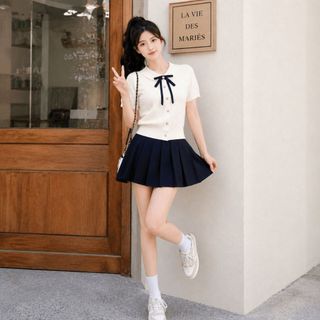 Áo Len Nữ Vileli Nơ Cổ Tiểu Thư Cúc Tim Kim Loại Tay Ngắn Dệt Kim Thanh Lịch VL2606
