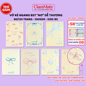Combo 5 Vở Kẻ Ngang Classma BST "Nơ" 100gsm, Giấy Vàng Chống Loá, Bìa Cán Bóng Chống Nước Cao Cấp