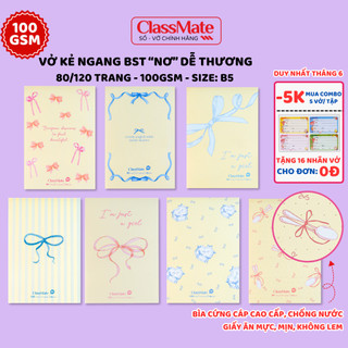 Combo 5 Vở Kẻ Ngang Classma BST "Nơ" 100gsm, Giấy Vàng Chống Loá, Bìa Cán Bóng Chống Nước Cao Cấp