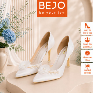 Giày Cao Gót Nữ Cao Cấp BEJO H51 Lụa Hoa Hồng Đính Nhánh Pha Lê Sang Trọng - Giày Cưới Cô Dâu Đi Êm Chân