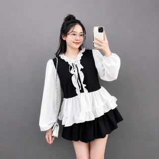 Set Bigsize Áo Babydoll Bèo Cổ Nơ Phối Kèm Chân Váy Bí Xinh Xắn Dành Cho Nàng Chuppy A336+CV413