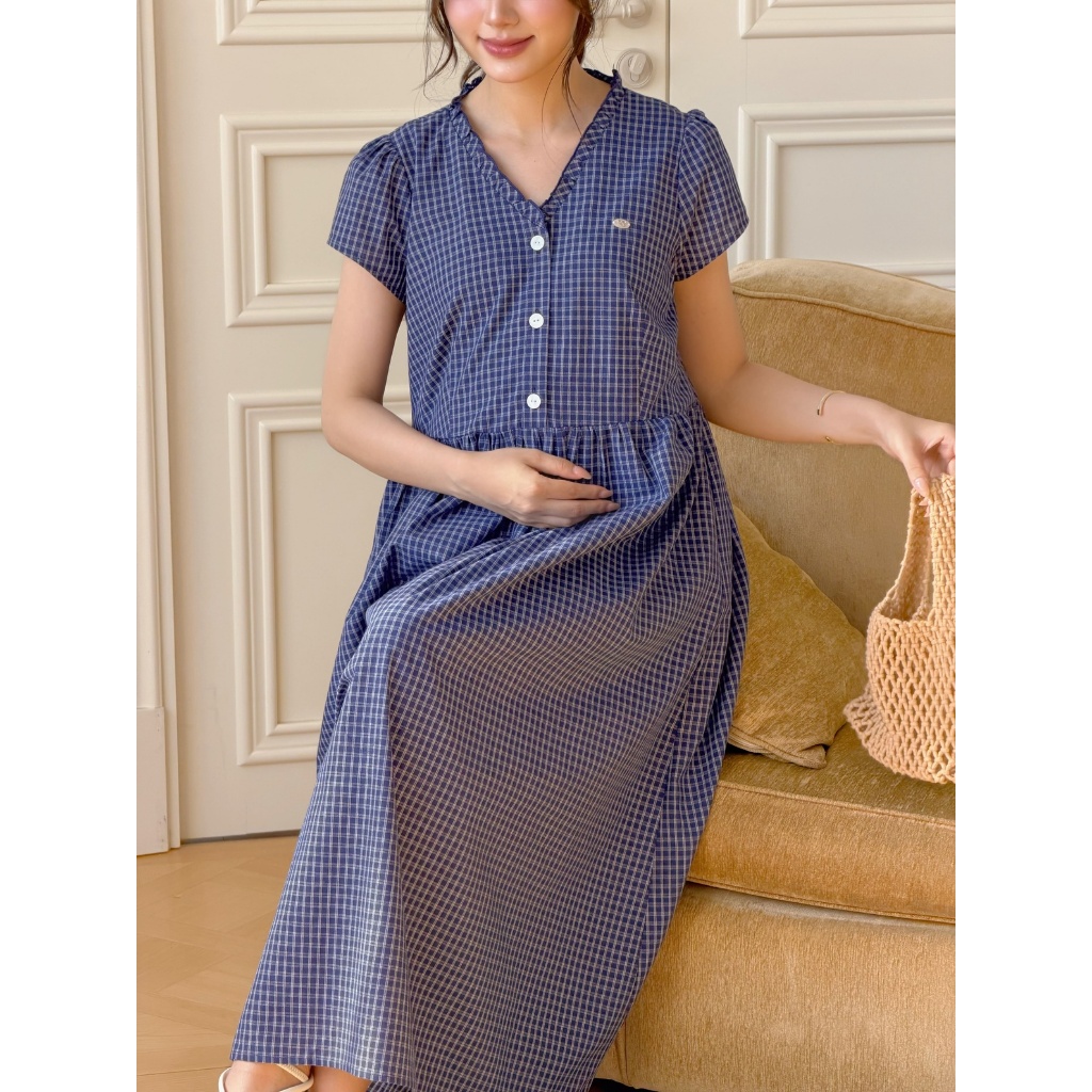 Váy Bầu MINDI DRESS L'amme - Chất Thô Kẻ Caro Mềm Mát, Dáng Suông Cổ V Phối Bèo Xinh Xắn