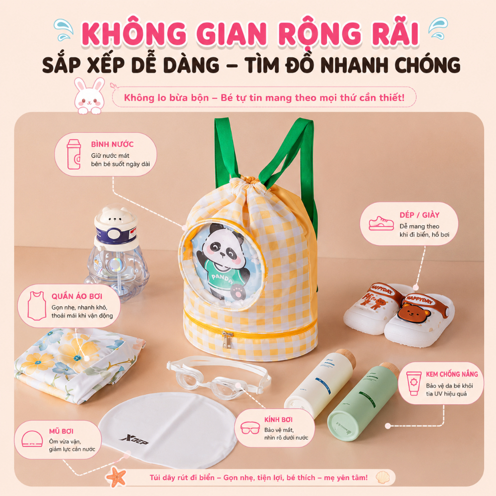 Túi Dây Rút Đi Biển Cho Bé Chống Nước, Balo Đựng Đồ Đi Bơi Có Ngăn Khô & Ướt Riêng Biệt RICHOUSE