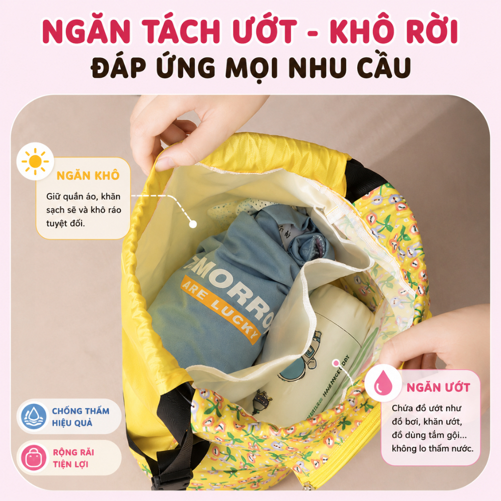 Túi Dây Rút Đi Biển Cho Bé Chống Nước, Balo Đựng Đồ Đi Bơi Có Ngăn Khô & Ướt Riêng Biệt RICHOUSE