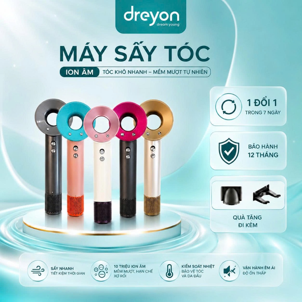 Máy sấy tóc ion âm DREYON 110000 vòng/phút, sấy nhanh, giảm sơ rối, bảo vệ tóc hiệu quả