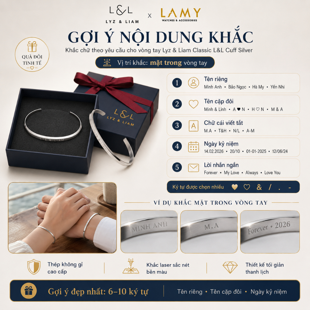 Vòng tay nam nữ Lyz and Liam Classic L&L Cuff Silver - Gift Box Hộp quà tặng nơ đỏ & khắc chữ theo yêu cầu