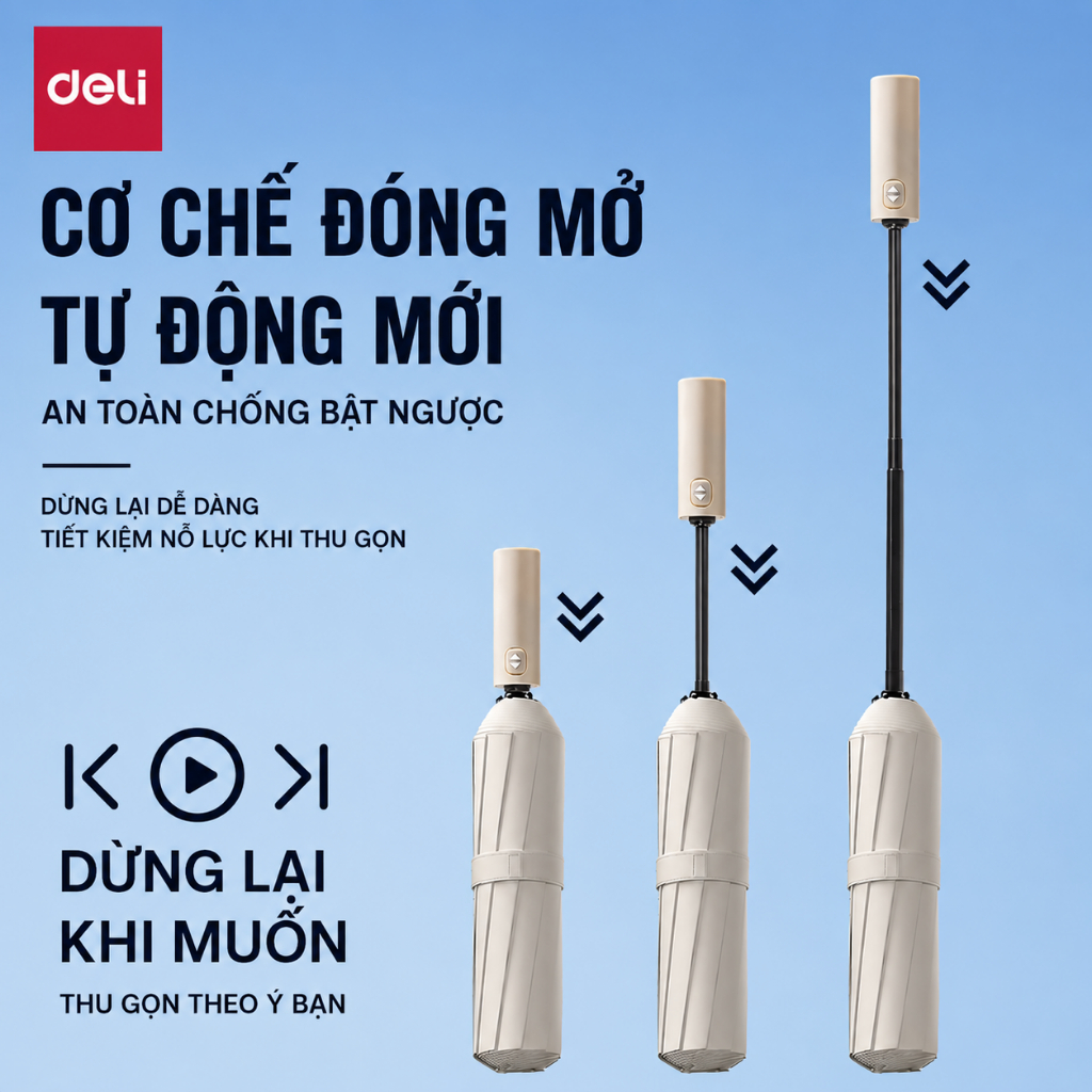 Ô Dù Che Mưa Nắng Tự Động Thế Hệ Mới Deli Cao Cấp - Chống Tia UV, SPF 50+, Nhỏ Gọn, Tiện Lợi Đi Học Đi Làm