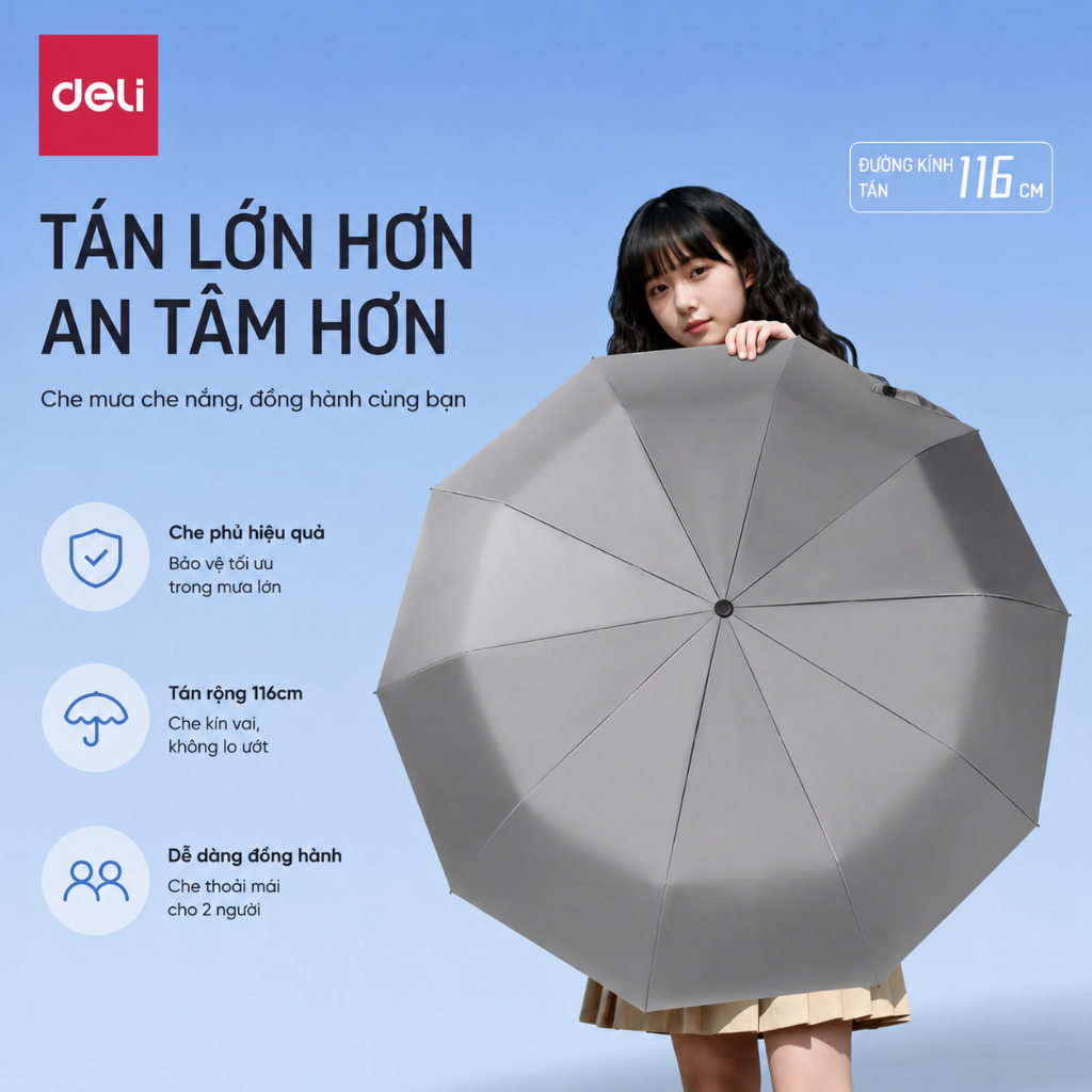 Ô Dù Che Mưa Nắng Tự Động Thế Hệ Mới Deli Cao Cấp - Chống Tia UV, SPF 50+, Nhỏ Gọn, Tiện Lợi Đi Học Đi Làm
